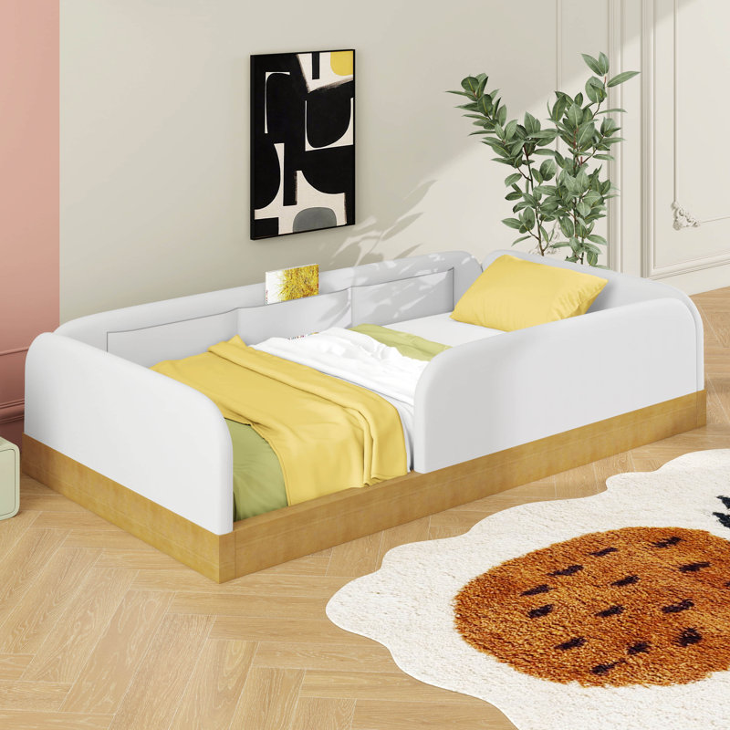 Lit plateforme simple pour enfants, lit plateforme tapissier en velours avec sacs de rangement latéraux, barrières de sécurité