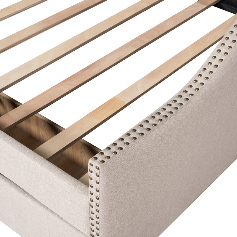 Lit de jour rembourré beige avec deux tiroirs pratiques et un cadre en lattes de bois robuste - Créez un espace de vie confortable, un support stable et spacieux transformant le décor de votre chambre à coucher