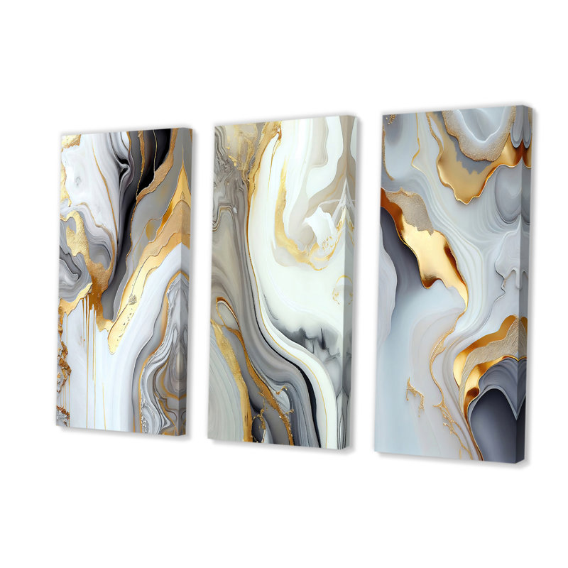 Abstrait en marbre blanc et doré II 3 pièces, H 32 po x l 48 po x P 1 po