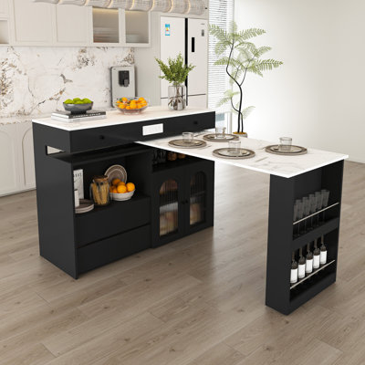Kitchen Island With Extendable & Rotating Table, MDF With Marble Veneer Retro Design, 4 Drawers & Glass Door Cabinets With Built-In Socket, Expandable Dining Station For 2-4 Person