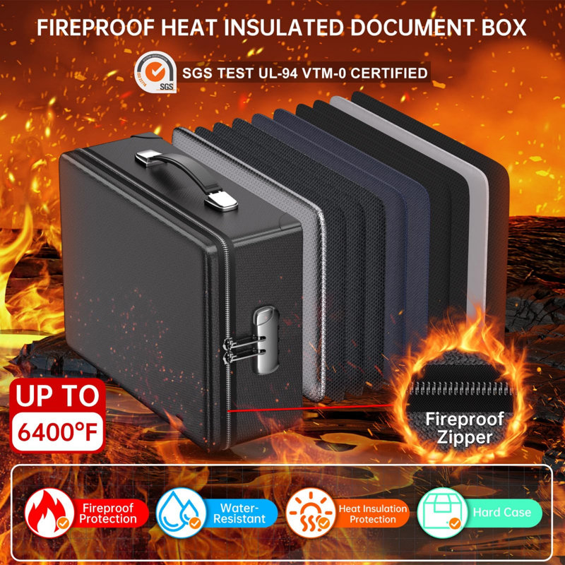 6400°F Fireproof Document Box Hard Lock And Zipper Heat Insulated Water Resistant Safe File Box For Important A4 Documents Valuables