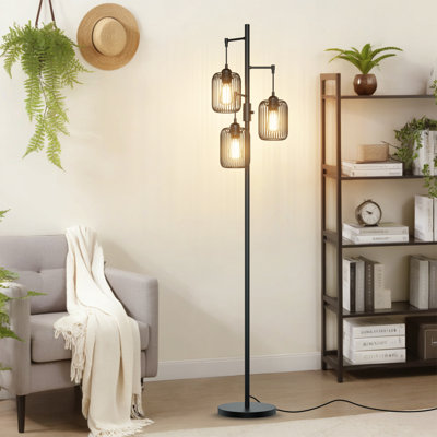 70'' Farmhouse 3-Light Dimmable Floor Lamp with Cage Shades and LED Bulbs