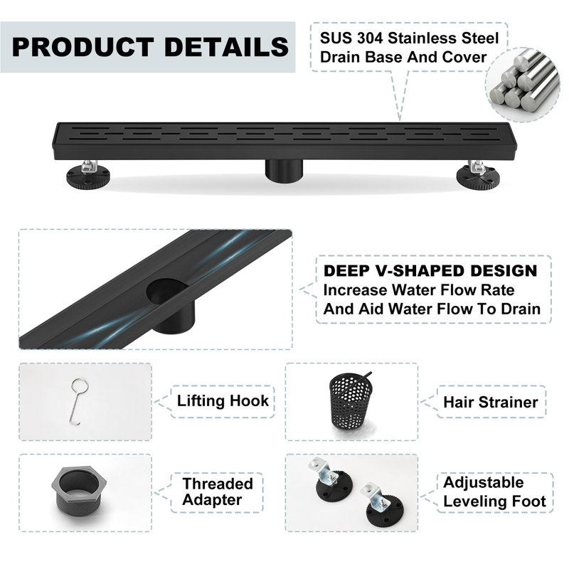 Matte Black Stainless Steel Rectangle Shower Floor Drain,24-Inch Linear Drain With Leveling Feet,Hair Strainer,Removable Bar Pattern Grate
