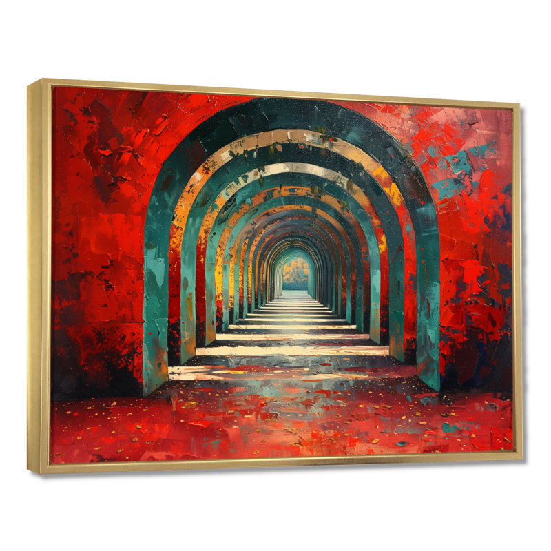 Passerelle rouge rouge et verte - tunnel, art mural, salon, White Floater Framed, H 34 po x l 44 po
