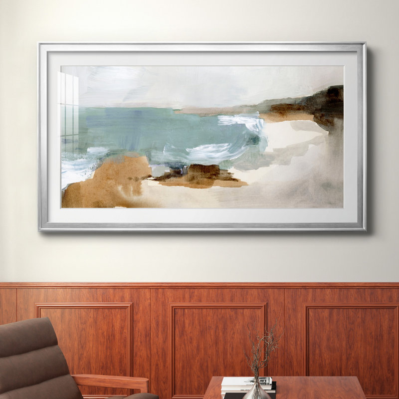 «Ocean Sigh IV» - peinture encadrée, H 10,5 po x l 18,5 po x P 1,5 po, Papier avec cadre argenté, Blanc