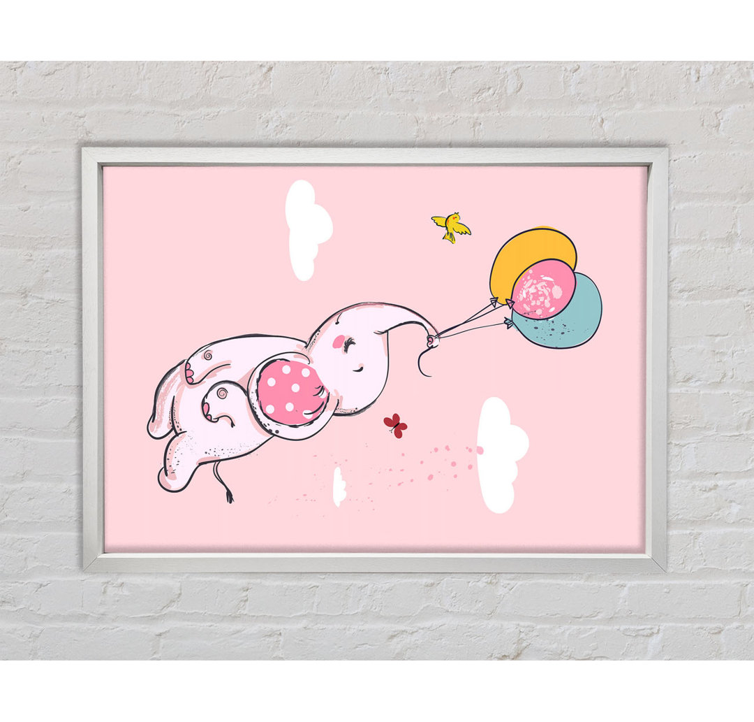 Gerahmtes Wandbild Pink Elephant, der auf Ballone schwimmt