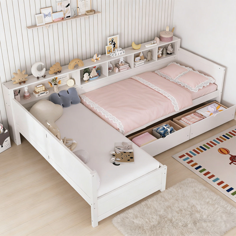 Twin Size Day Bed For 2, L- Shape Twin Size Bed Frame With Storage 3 Drawers,  Wooden Corner Bed With Bookshelf, Corner Bed Frame For Bedroom, Living Room,White
