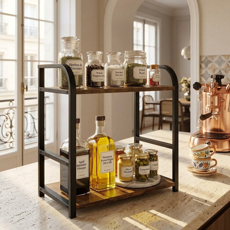 Compact 2-Tier Rustic Kitchen & Coffee Bar Organizer Shelf