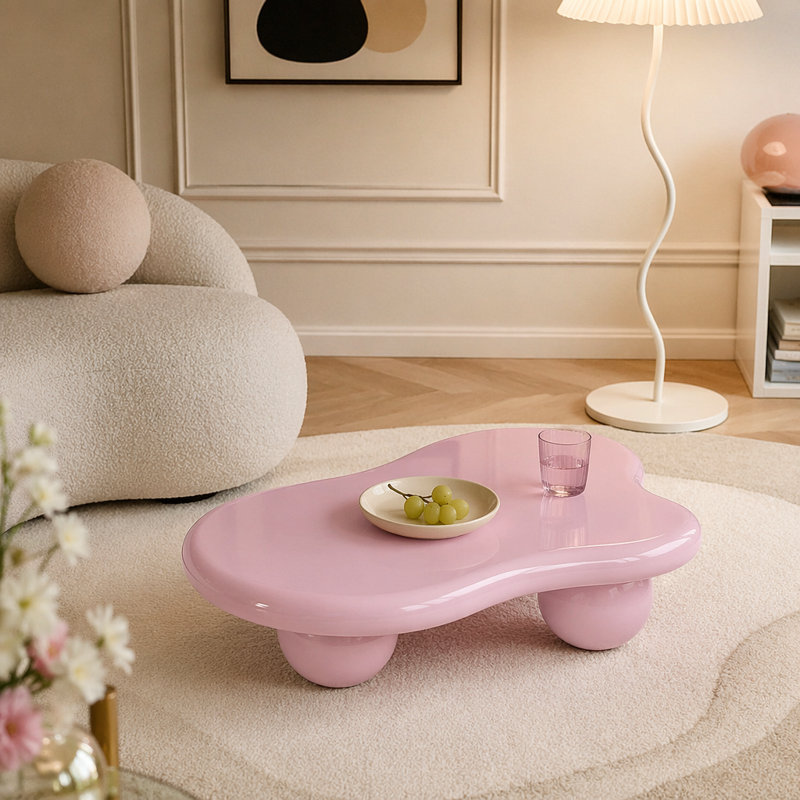 Table basse en forme de nuage, table basse avec 3 pieds sphériques pour le salon, H 11,70 po x L 40 po x l 26,8 po, Rose