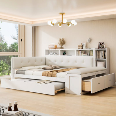 Lit de jour en bois avec lit gigogne, étagères de rangement, banc, station de recharge et tête de lit rembourrée, cadre de lit pour chambre à coucher