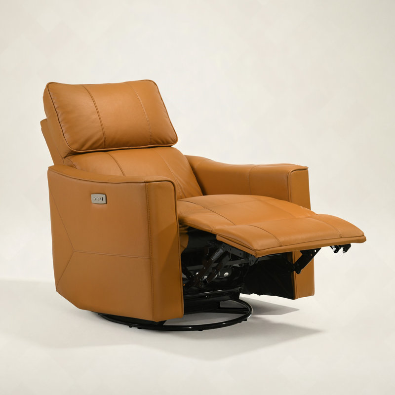 Inniss 31.7" Wide Genuine Leather Modern Power Recliner with Swivel and Glider, Orange