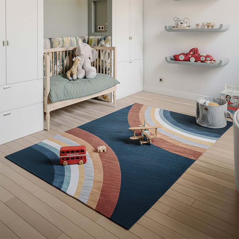 Tapis pour enfant arc-en-ciel bleu marine / rouge 4 pi x 6 pi (3 pi 11 po x 5 pi 10 po) Branch Marlow, tapis contemporain, à poils moyens et résistant aux taches