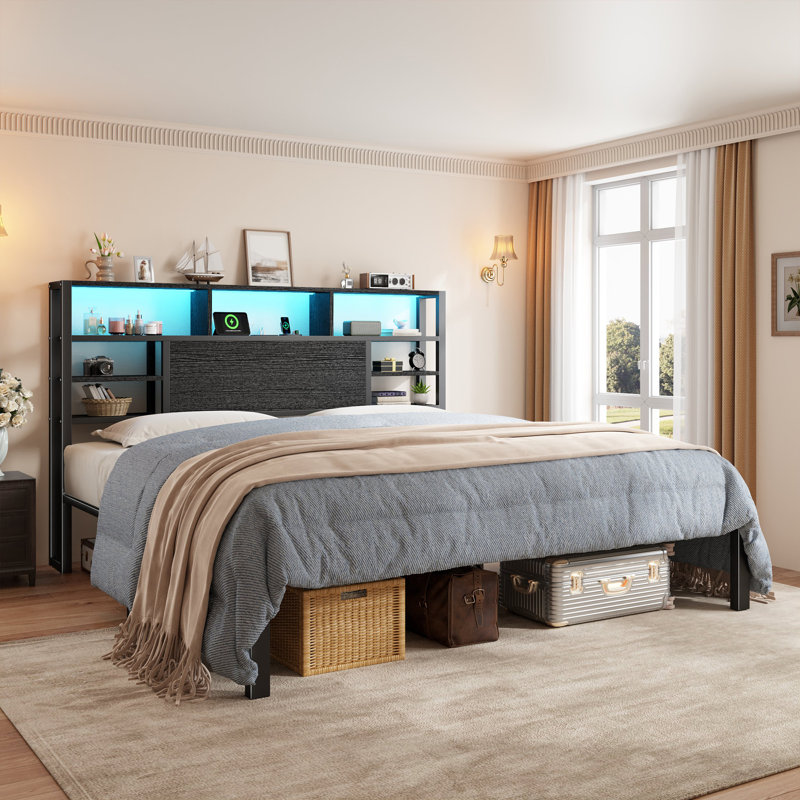 Bed with Storage Headboard, RGB LED Lights & USB Charging - Multi-Tier Shelves, Full/Queen/King, black, Q