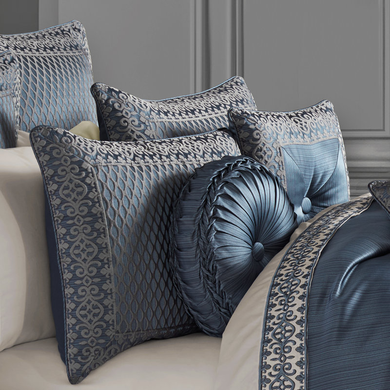 Ensemble d'édredon 4 pièces bleu / beige Leah, Édredon grand + 2 taies décoratives standard + 1