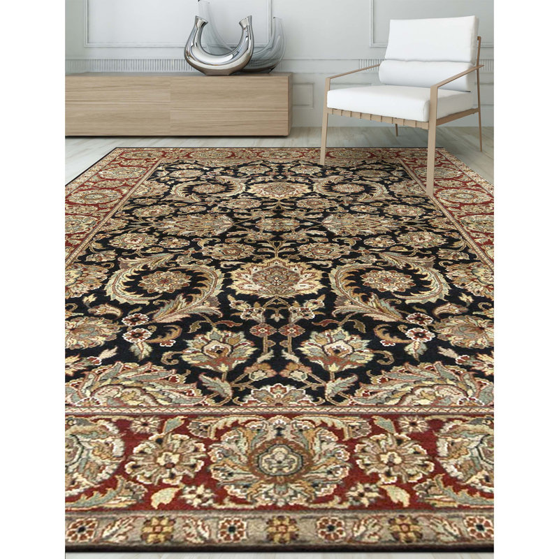Tapis noir et rouge noué à la main de haute qualité