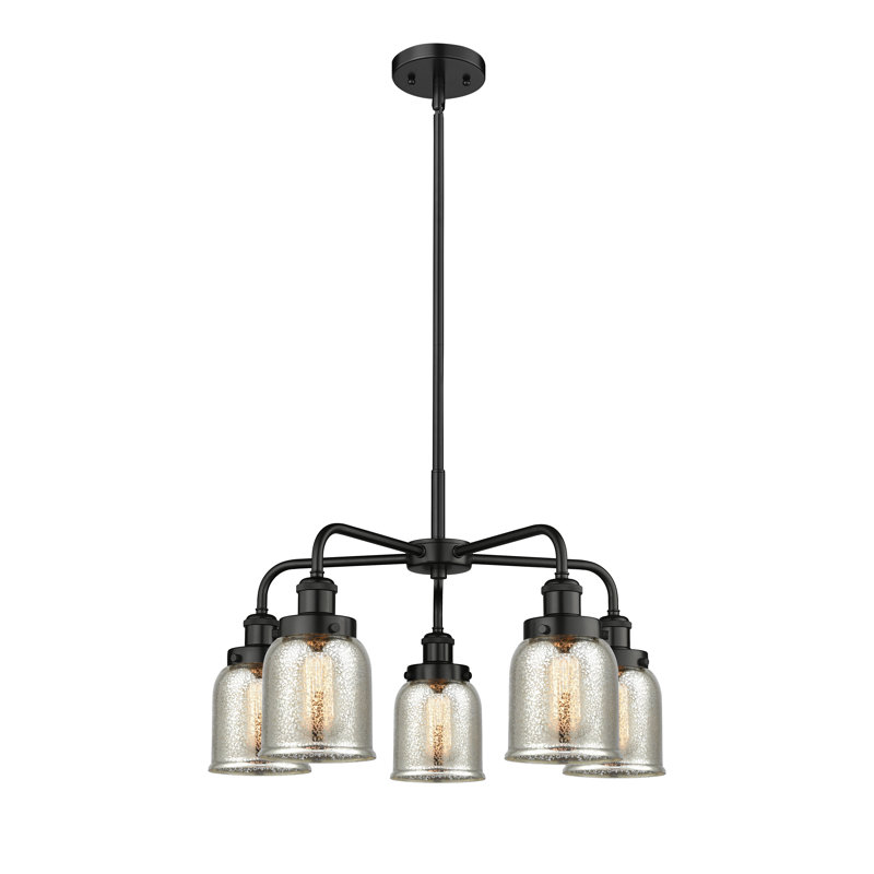 Lustre en verre à 5 lumières Bell, Argent mercuré plaqué, Noir mat