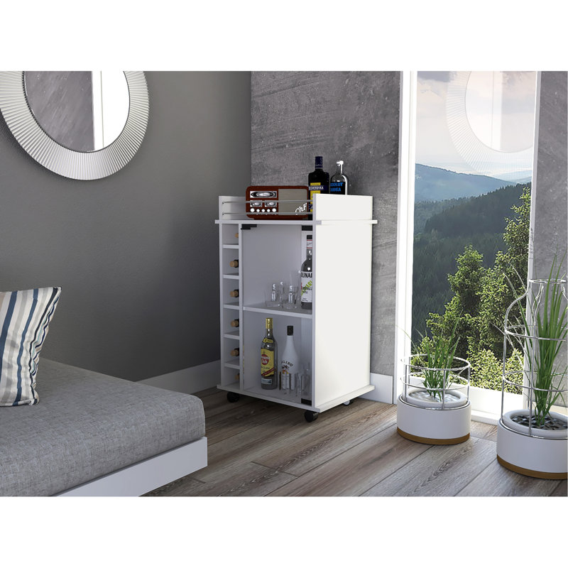 Bar Cart,Two Shelves, Six Built-In Wine Rack, Four Casters, White