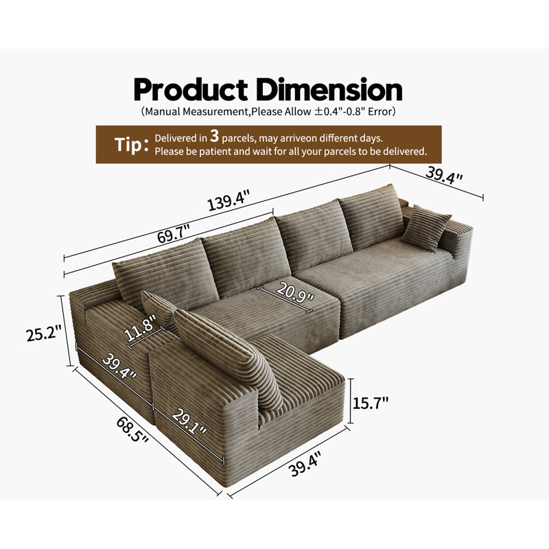 Canapé modulaire Boneless de 135,4 po avec méridienne en L et méridienne en forme de L, canapé rembourré minimaliste moderne pour le salon, canapé d'angle à assise profonde, aucune méridienne d'assemblage requise (méridienne orientée vers la droite)