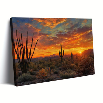Arizona Desert Saguaro Cactus Sunset Print Canvas Wall Art Southwest Mountain Vibrant Orange Sky Western Wilderness Landscape Wall Decor for Living Room Cabin
