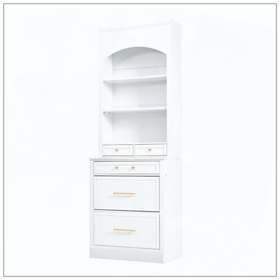 Garde-manger moderne avec hauteur élevée, grand bahut autoportant avec plateau en faux marbre, armoire avec 5 tiroirs de rangement et tablette réglable, ensemble de 2