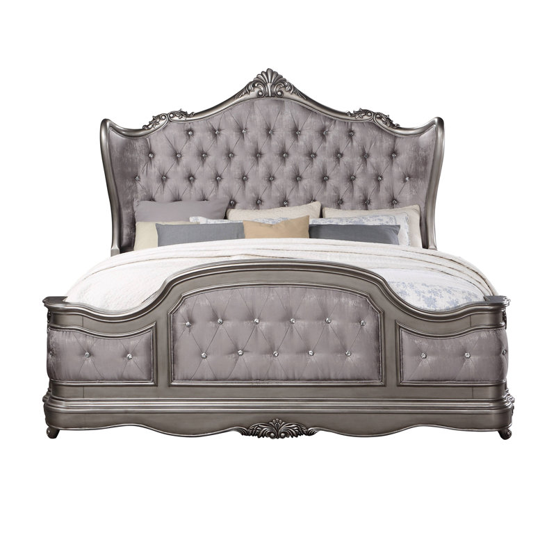 Grand lit velours et finition platine antique, Grand lit