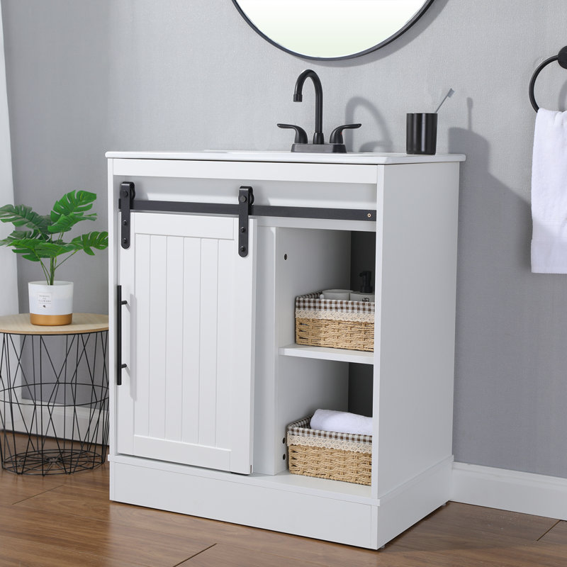 Meuble-lavabo de porte de grange coulissant 30 po blanc moderne avec plateau en céramique 