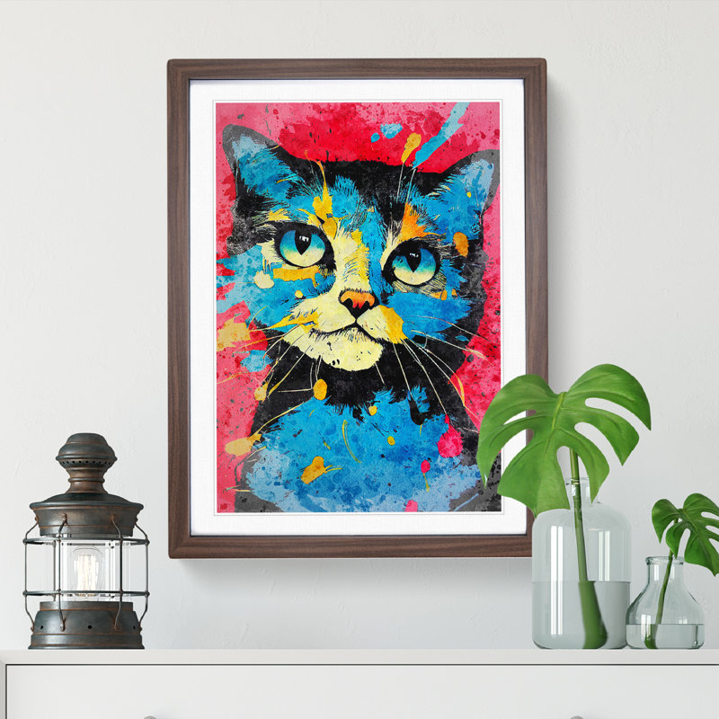 Paint Splat Cat No.5 - Framed Print, 64cm H x 46cm W x 2cm D, Walnut