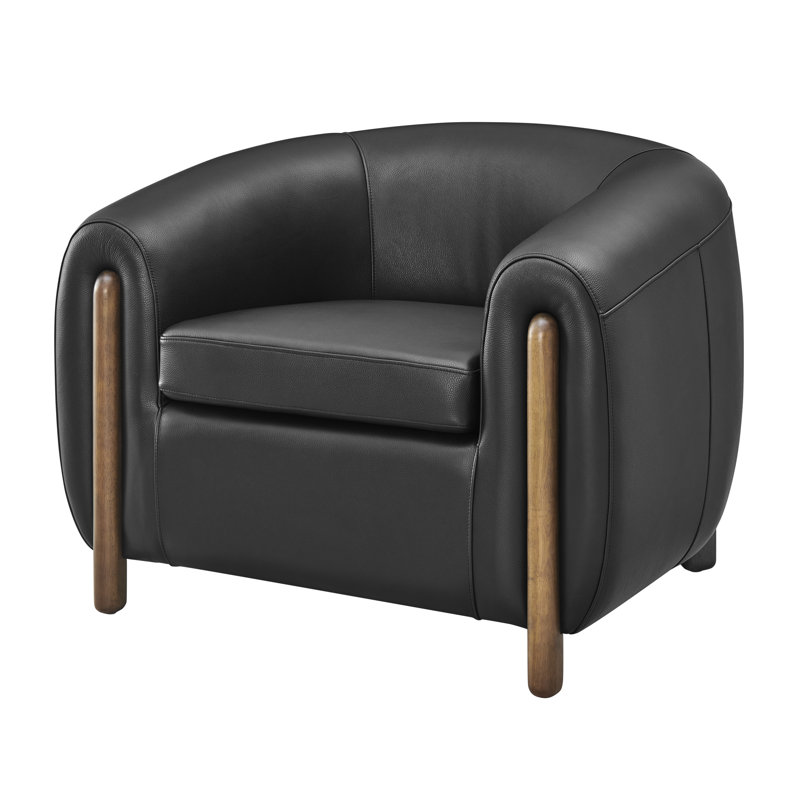 Leamon Fire-Resistant Upholstered Barrel Chair, 28" H x 38.5" W x 33" D, Black Top Grain Leather