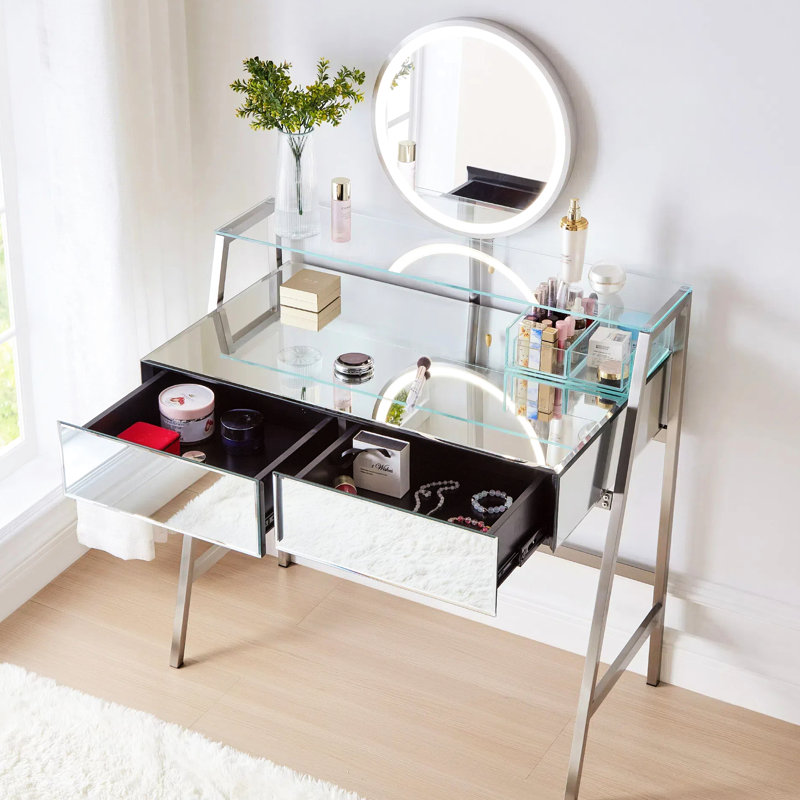 Meuble-lavabo à miroir 33,9 po avec miroir et lumières, tablette ouverte à 2 grands tiroirs, centre de chargement de chambre à coucher, miroir de maquillage argenté pour lumières, grands tiroirs, emplacement,