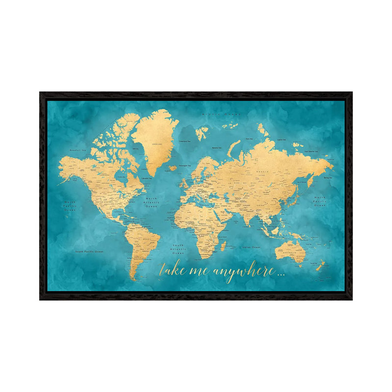 Take Me Anywhere Gold And Teal Detailed World Map by Blursbyai - Gallery-Wrapped Canvas Giclée on Canvas, Black Framed