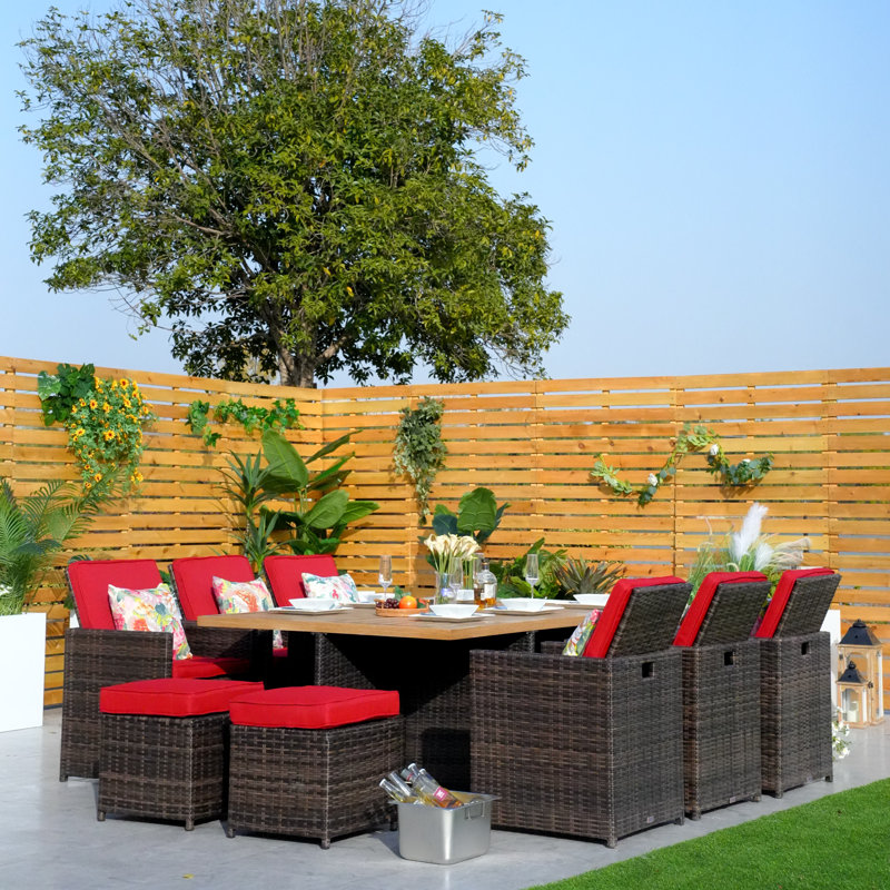 6 - Person Wicker Patio Dining Set with Rectangular Table , Cushions Included, Brown, Red
