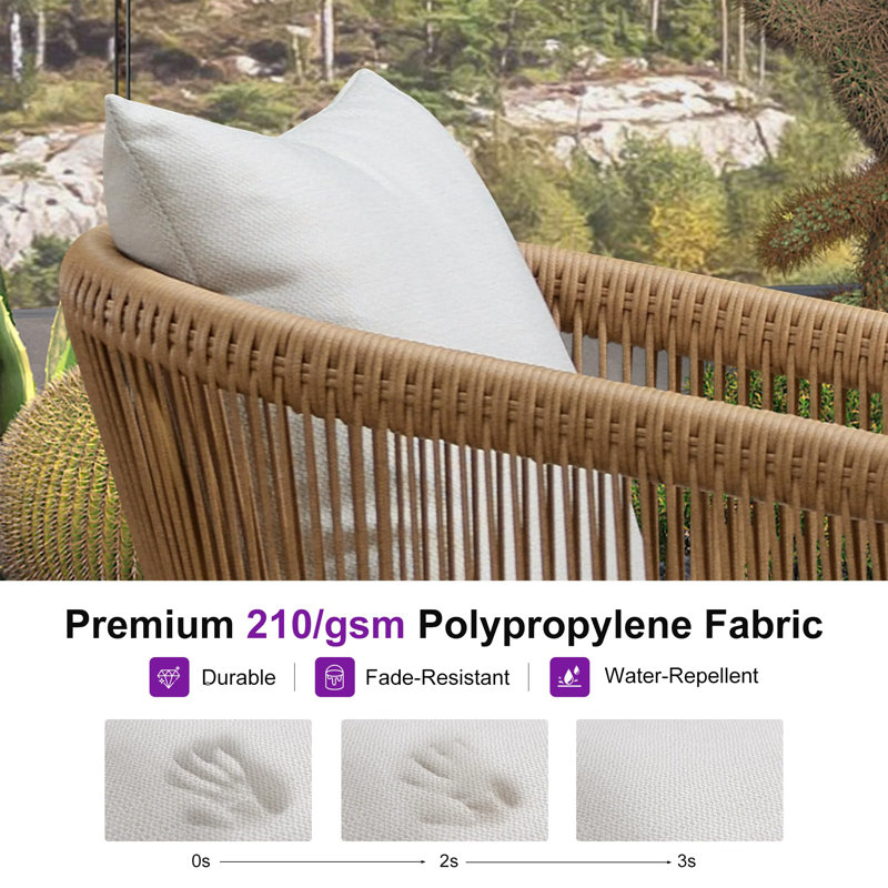  Ensemble de conversation de patio en osier 4 pièces avec coussins et table basse pour jardin, Beige, Grain du bois