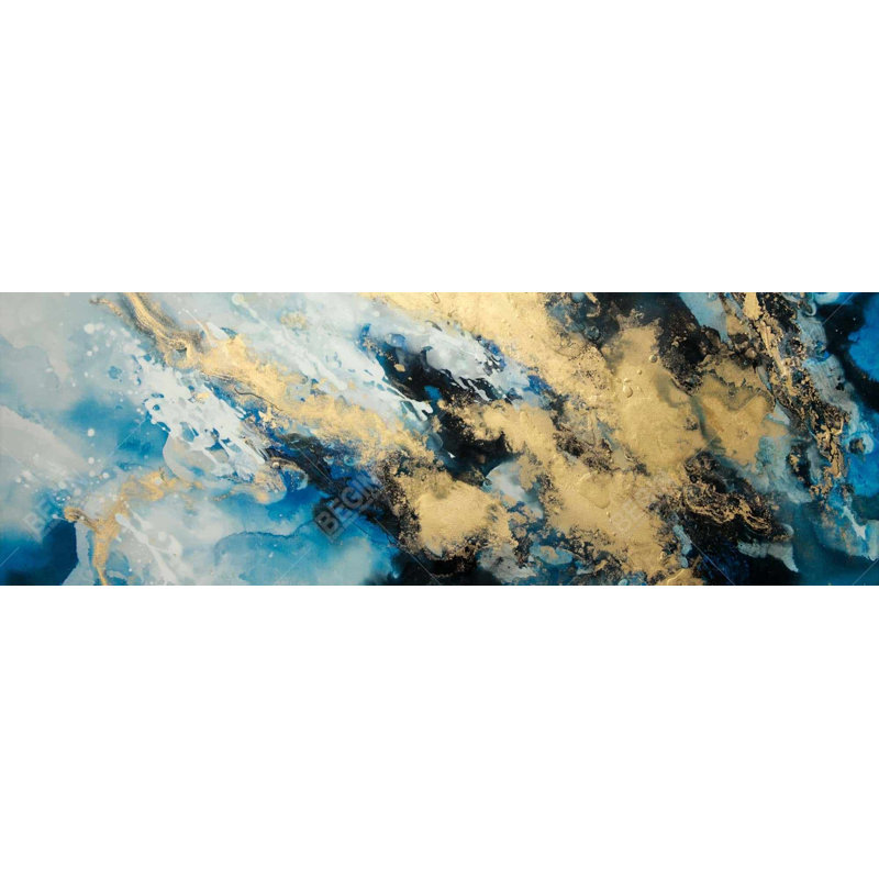 Marbre bleu, toile abstraite moderne encadrée - Art décoratif, H 17,25 po x l 49,25 po
