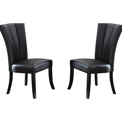 Black Faux Leather Dining Chairs Of 2, Modern Look With Wide Flair Back And Padded Seats, Rubber Wood Construction 2pc In Leather, Support Seat, Material