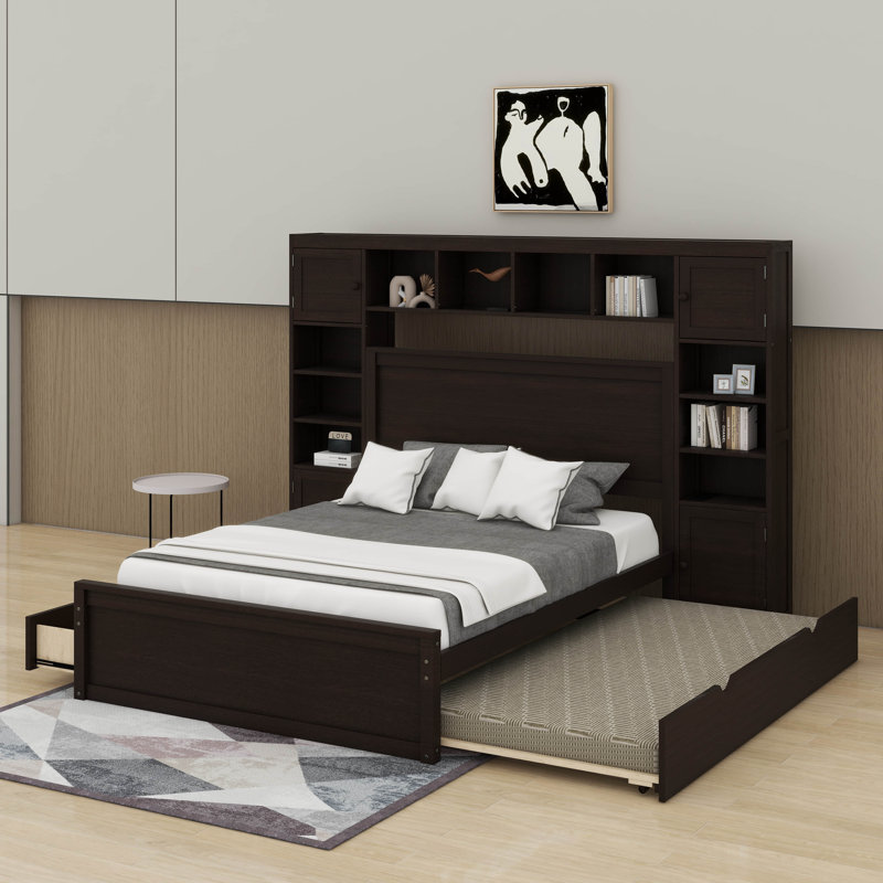 Grand lit en bois avec armoire tout-en-un, tablettes, prises et lit gigogne, Espresso
