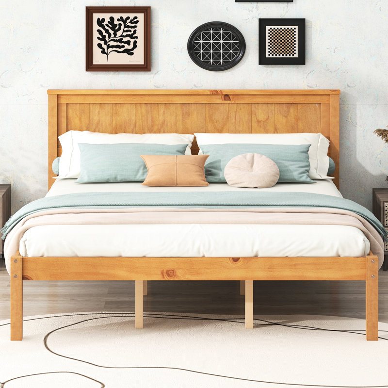 Lit plateforme grand pour la chambre à coucher, tête de lit, support à lattes de bois, sans sommier et lit en chêne de taille distinctive avec ressort