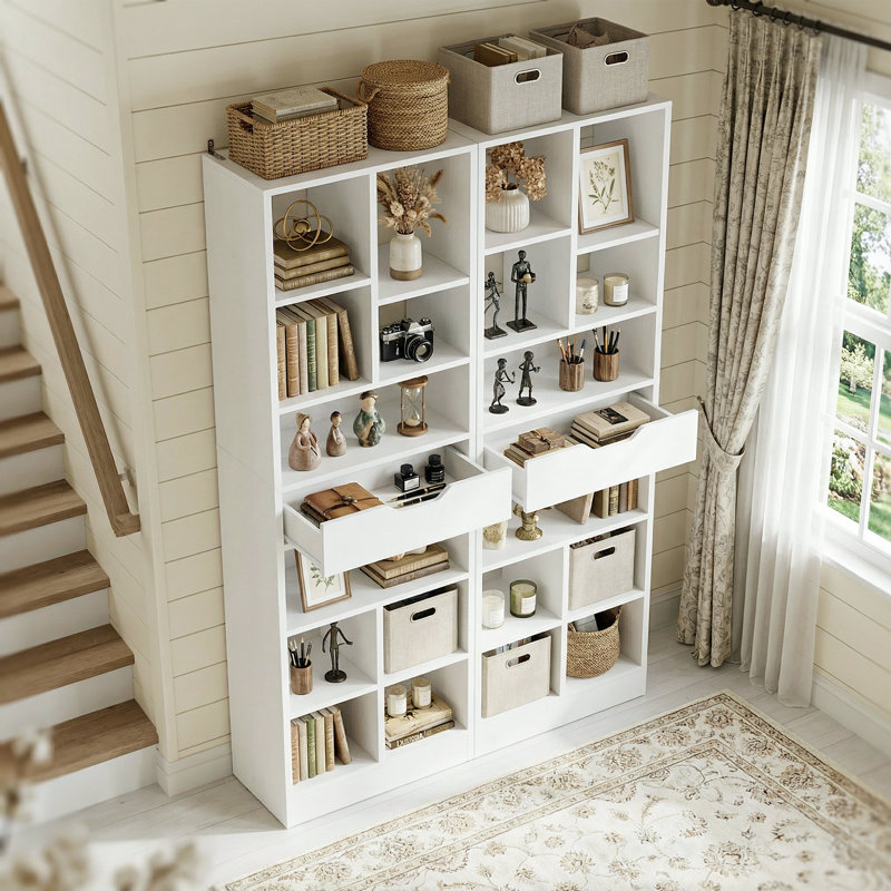 Bibliothèque avec tiroir et tablettes pour le salon et le bureau personnel, Blanc