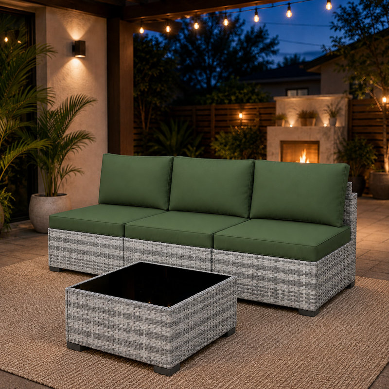 Ensemble de patio en rotin 4 pièces avec coussins, 4 pièces, Gris/vert