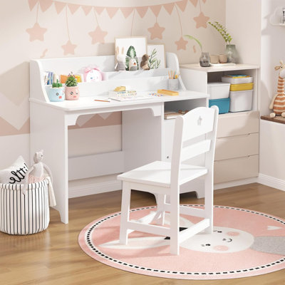 Bureau d'étude pour enfants avec chaise, table d'étude pour enfants en bois avec huche et armoire de rangement pour garçons filles de 3 à 12 ans, bureau d'écriture pour étudiant