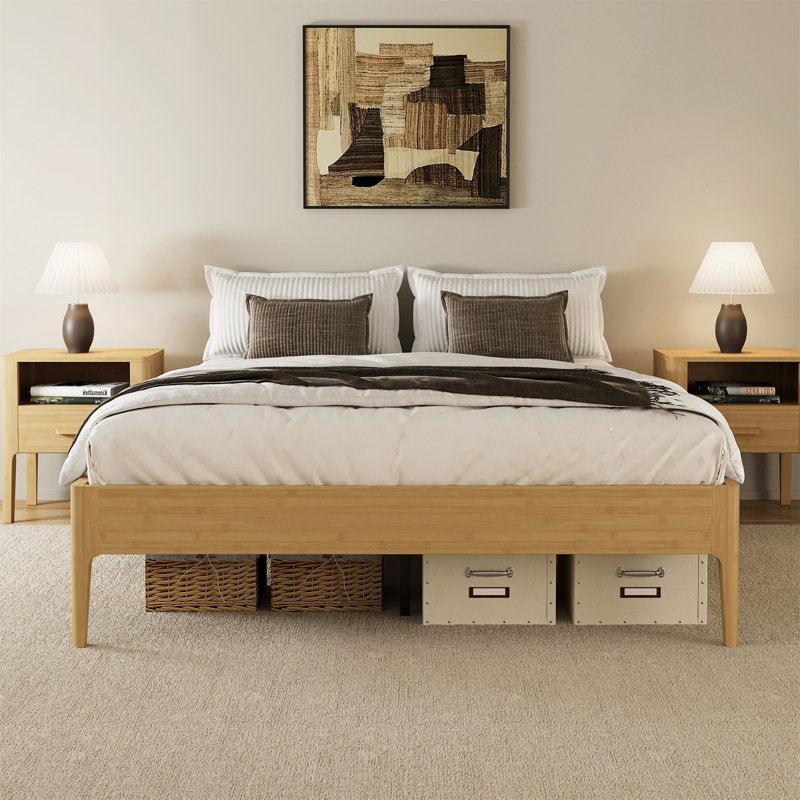 Structure de lit plateforme en bois de bambou sec massif de 15 pouces de hauteur, Naturel, Lit double