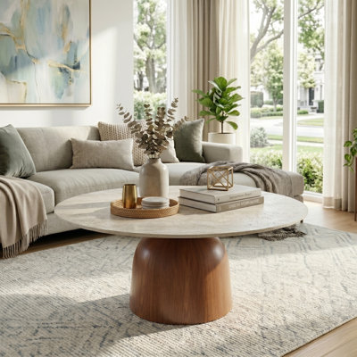 Meranda Round Stone Coffee Table With Walnut Solid Wood Pedestal For Living Room & Home Decor