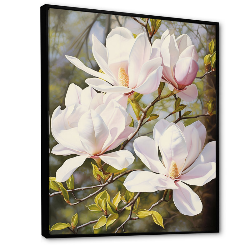 Blanc et rose magnolia tranquillité - impression, H 44 po x l 34 po x P 1,5 po, Cadre flottant noir