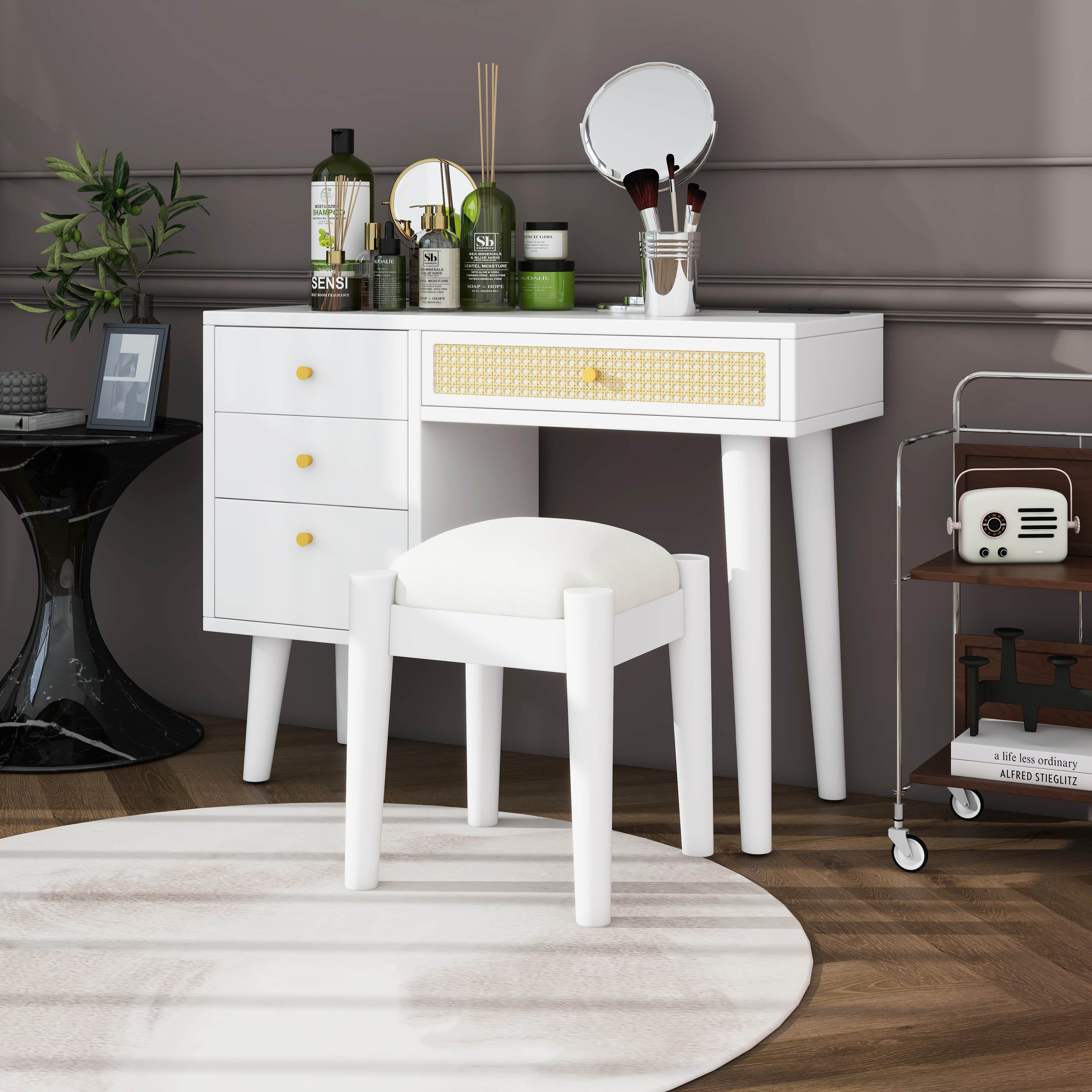 Bay Isle Home™ Dressing Table With 3 Storage Drawers And 1 Rectangular Rattan Drawer | Wayfair