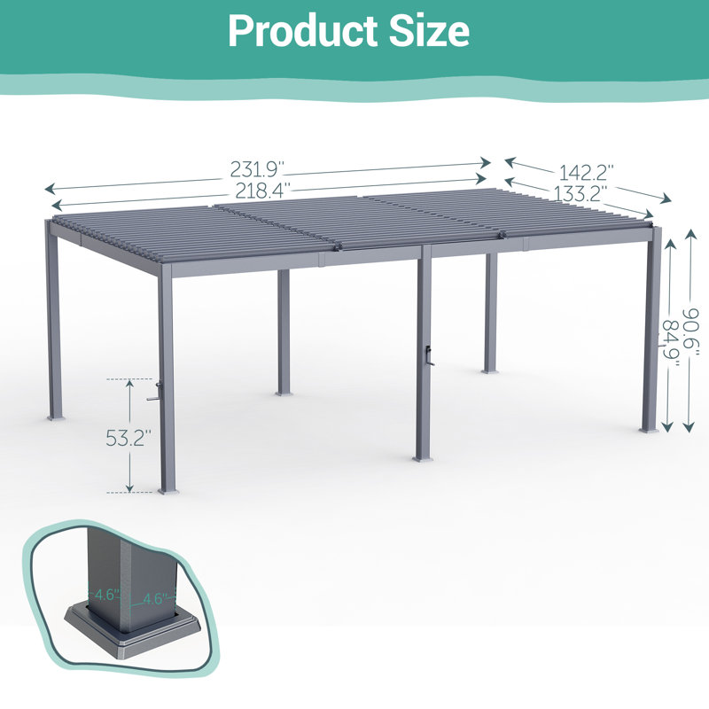Aluminum Patio Pergola with Adjustable Rainproof Louvers, 12x20ft