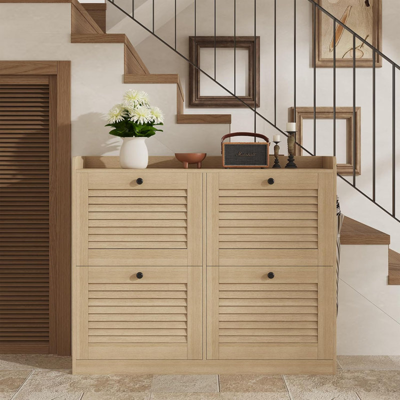 Large Shoe Storage Cabinet with 4 Flip Drawers, Narrow Shoe Cabinet for Entryway with Wooden Legs, Ivory
