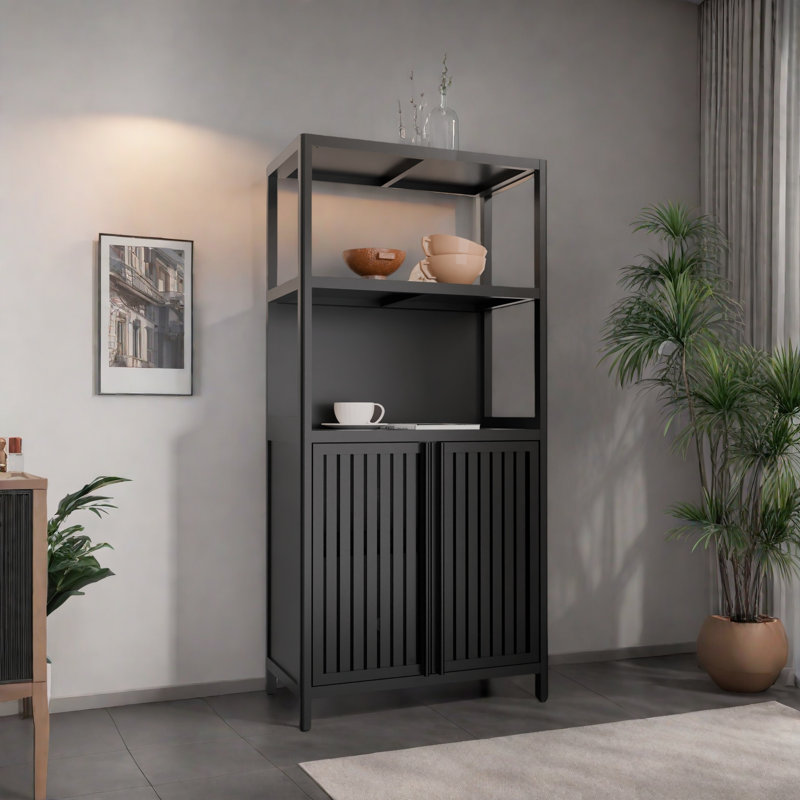 Armoire de rangement en bambou noir, armoire de salle de bain séparée avec 2 portes, armoire de plancher pour le salon, la cuisine et l'entrée