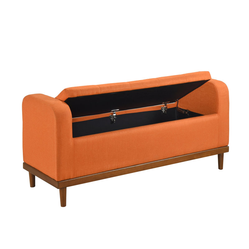 Banc de rangement relevable de style moderne du milieu du siècle, avec revêtement capitonné orange et finition en bois de noyer