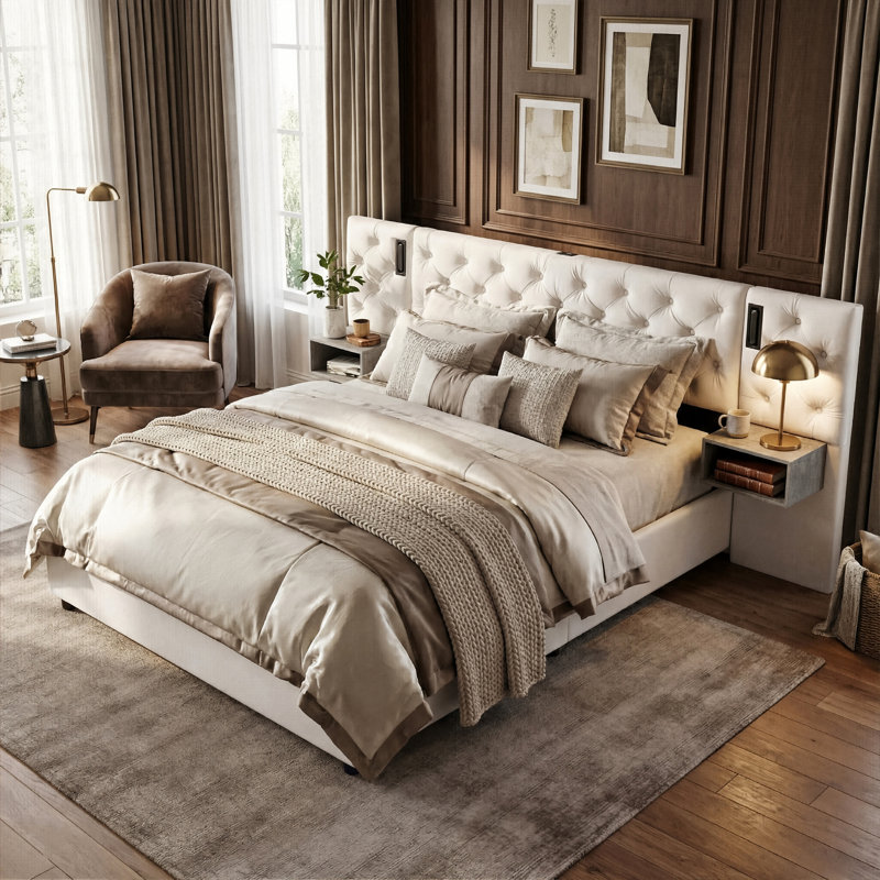 All-in-One Beige Velvet Ottoman Bed With Integrated Nightstands, Reading Lights & USB-C Charging, UK & EU Double & King