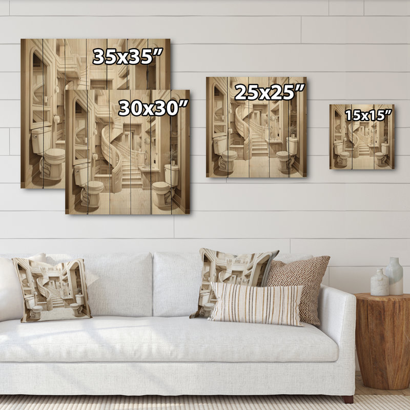 Toile beige minimaliste II - impression de salle de bain et de lessive sur bois de pin naturel, H 25 po x l 25 po x P 0,78 po