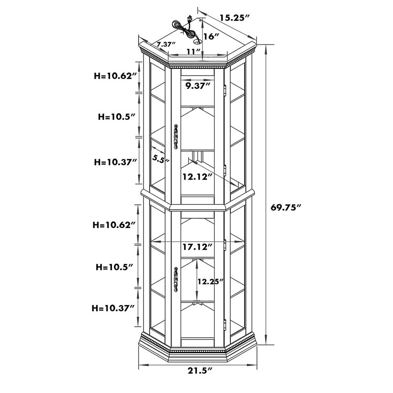 Garde-manger, armoire de coin avec lumières, tablettes réglables en verre trempé, dossier en miroir, armoire de présentation, noyer clair (ampoule E26 non incluse)